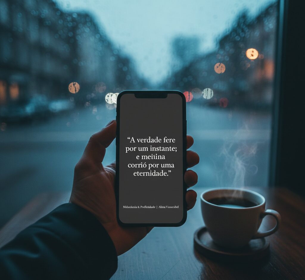 Visão embaçada de uma rua chuvosa através de um vidro, com uma mão segurando um celular que exibe uma frase profunda sobre a dor da verdade e a corrosão da mentira.