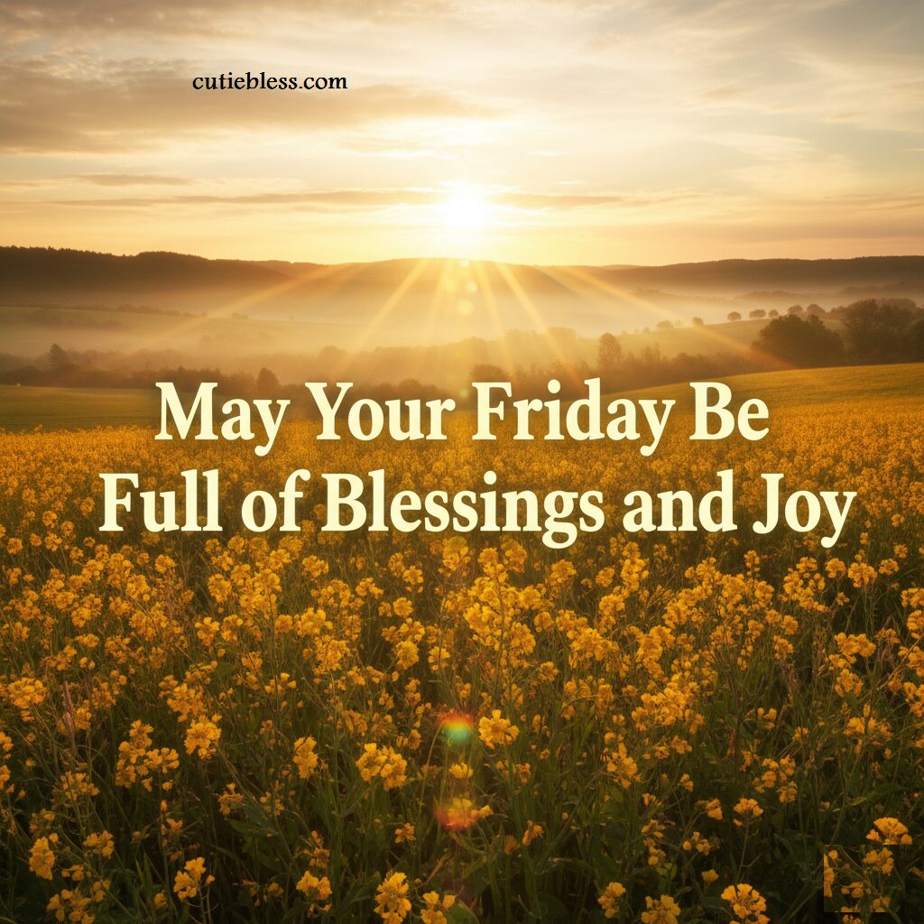 A vast field of bright yellow wildflowers glowing under the golden light of a Friday morning sunrise in a misty valley.