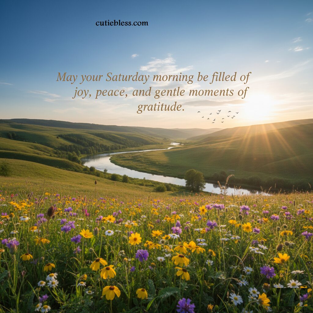 A wide river winding through green hills under a bright morning sun with flying birds.