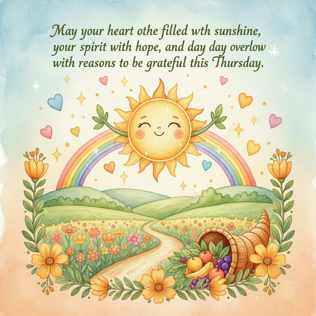 Bright illustration featuring a rainbow, flowers, and a happy sun with a gratitude quote for Thursday.