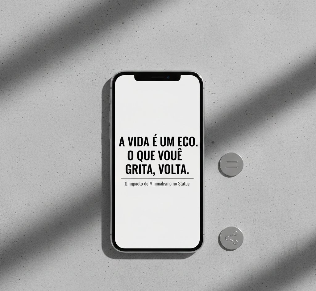 Design minimalista de um smartphone sobre uma superfície cinza com sombras lineares, exibindo a frase de impacto 