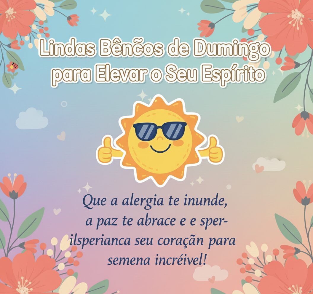 Card colorido com flores e um sol animado dando "joinha", contendo a mensagem "Lindas Bênçãos de Domingo para Elevar o Seu Espírito".