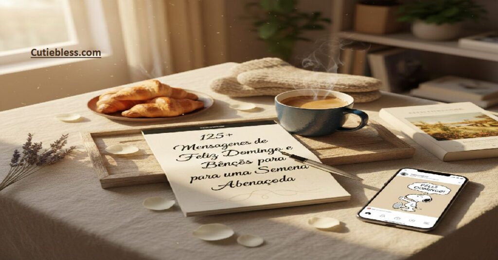 Uma mesa aconchegante de café da manhã com croissants, uma xícara de café fumegante e um caderno escrito "125+ Mensagens de Feliz Domingo e Bênçãos para uma Semana Abençoada"