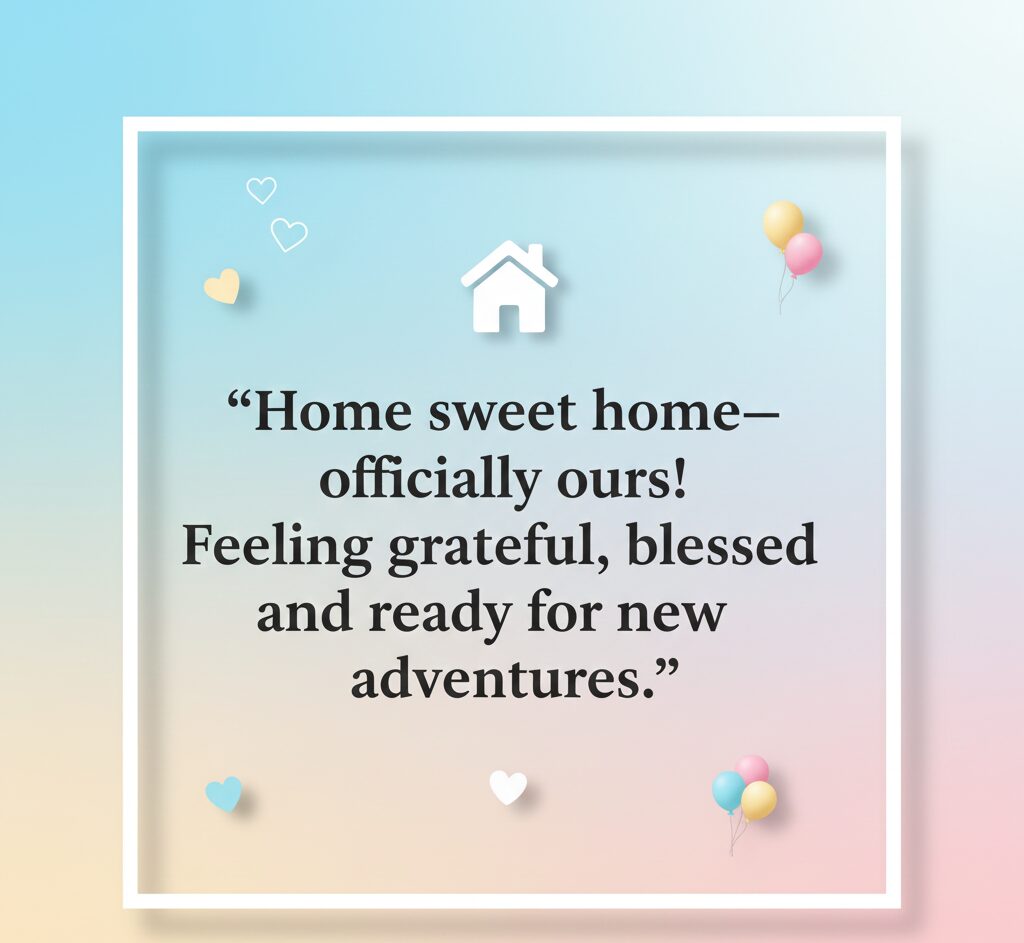 A soft blue and pink gradient graphic with a house icon celebrating a new home adventure.