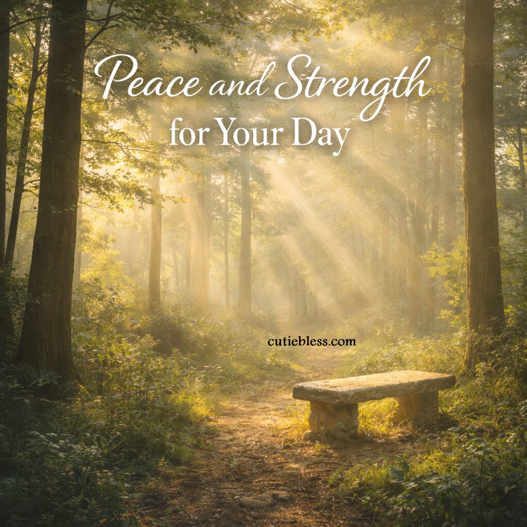 A peaceful stone bench along a forest path with soft morning sunlight streaming through the trees on a tranquil Friday morning.