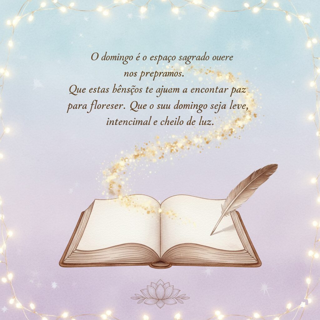 Ilustração de um livro aberto com uma pena e rastro de luz mágica, trazendo uma mensagem sobre o domingo ser um espaço sagrado.