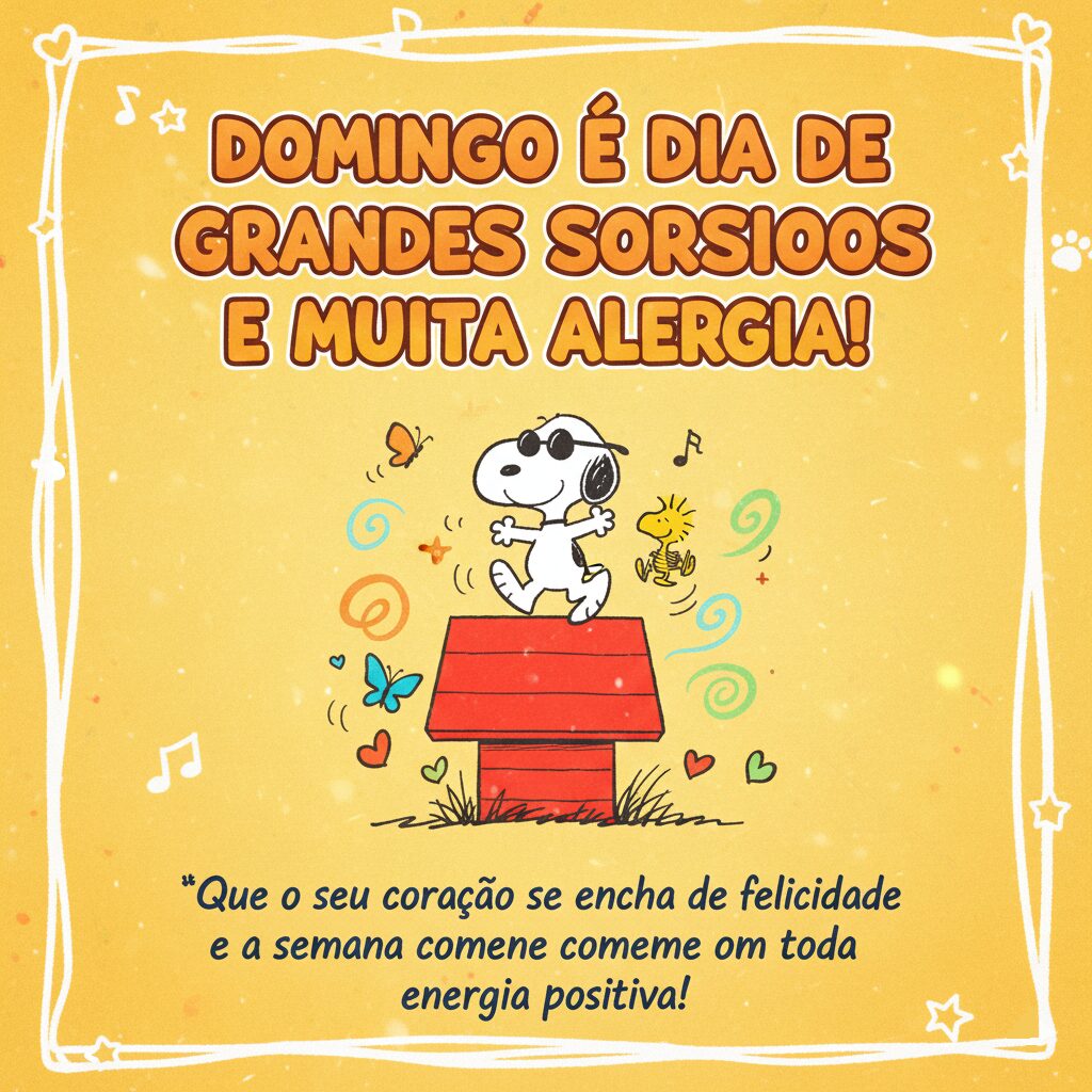 Snoopy e Woodstock em cima da casinha vermelha, cercados por borboletas e notas musicais, com mensagem de felicidade para o domingo.