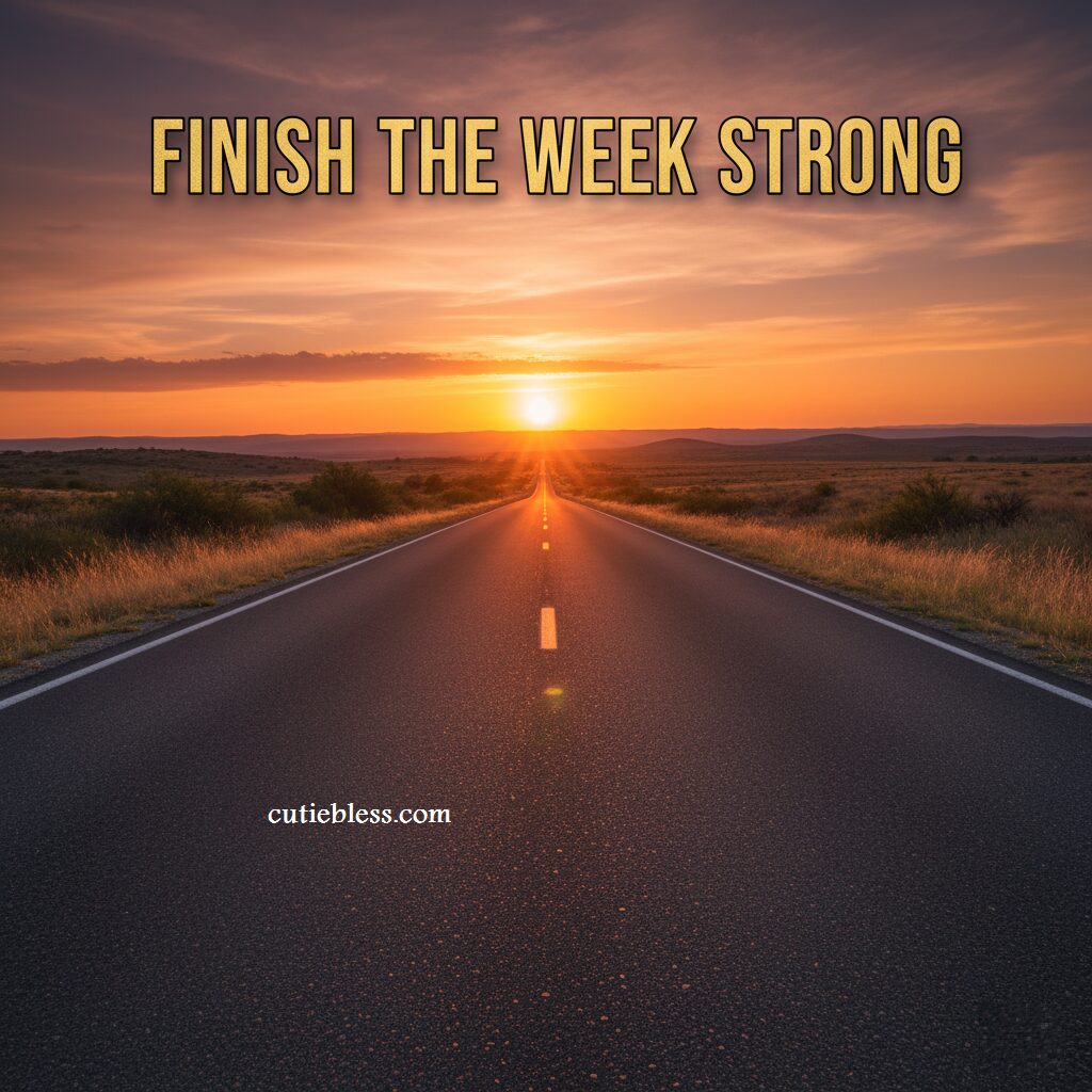 A long, empty highway stretching toward a bright sunrise over a vast landscape, evoking a sense of motivation for a Friday morning.