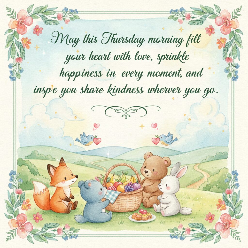 Cute watercolor animals having a picnic used to illustrate a Thursday morning kindness message.