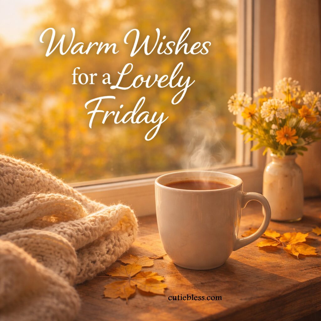 A warm Friday morning view through a window with a cup of coffee, a cozy knit blanket, and autumn leaves on the sill.