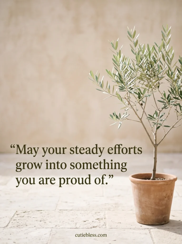 Young olive tree in morning light with a blessing for steady effort and meaningful progress.
