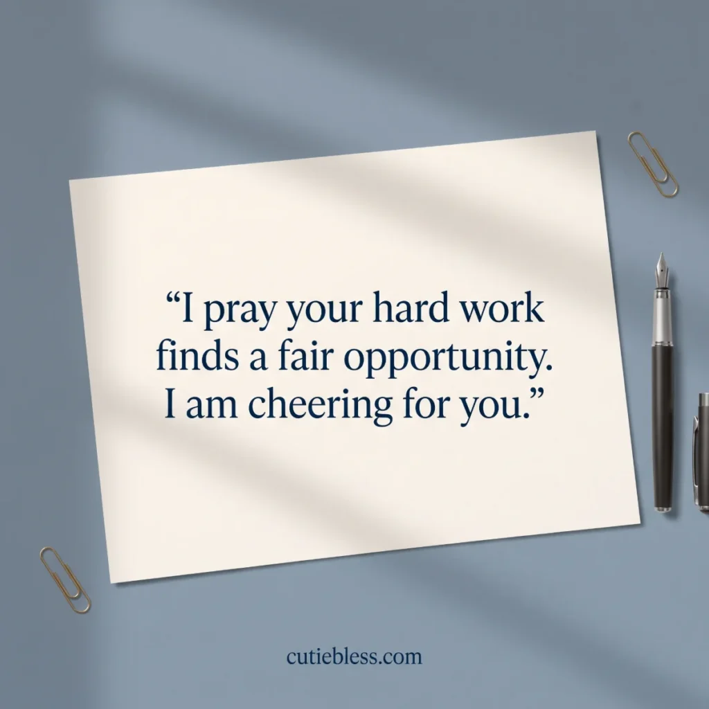 A cream note card reads, “I pray your hard work finds a fair opportunity. I am cheering for you.”