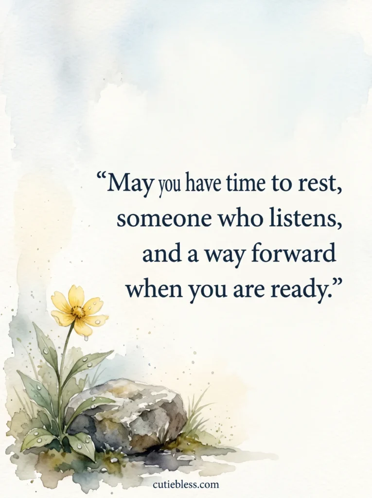 Watercolor wildflower beside a weathered stone with words of comfort after a difficult time.