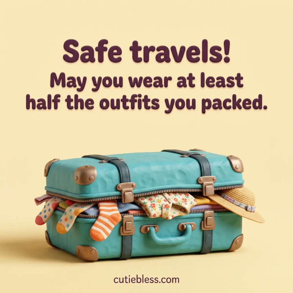 Overstuffed turquoise suitcase with the message “Safe travels! May you wear at least half the outfits you packed.”