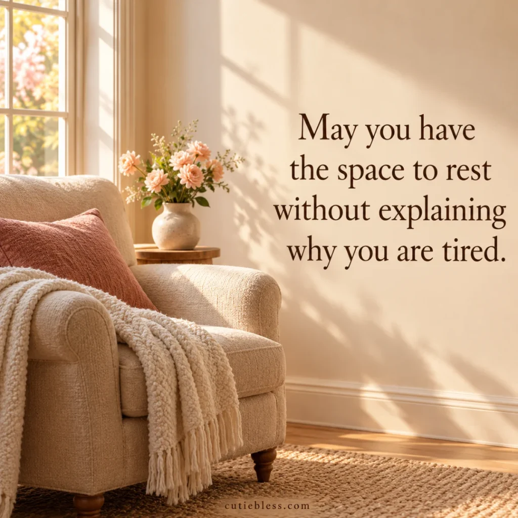 Cozy armchair beside the blessing, “May you have the space to rest without explaining why you are tired.”