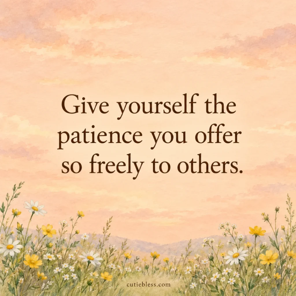 Watercolor wildflowers with the quote, “Give yourself the patience you offer so freely to others.”