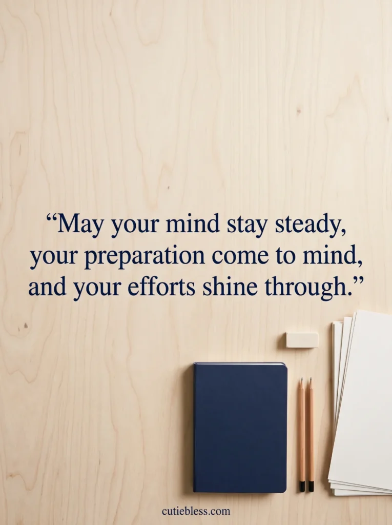 Notebook and pencils on a tidy desk with encouraging words for an exam.