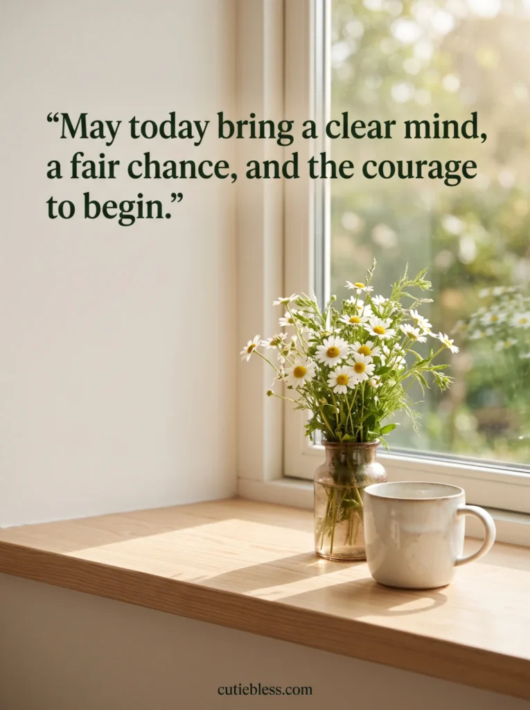 Morning sunlight beside a mug and daisies, with a blessing for courage and a clear mind.