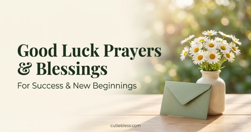 Daisies and a sage-green envelope beside the words “Good Luck Prayers & Blessings” in soft morning light.