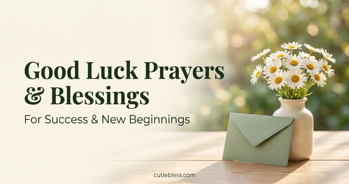 Daisies and a sage-green envelope beside the words “Good Luck Prayers & Blessings” in soft morning light.