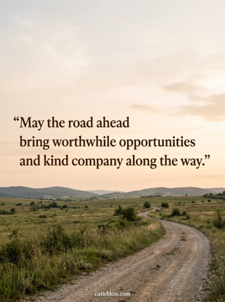 Winding country road at sunset with a blessing for worthwhile opportunities and kind company.