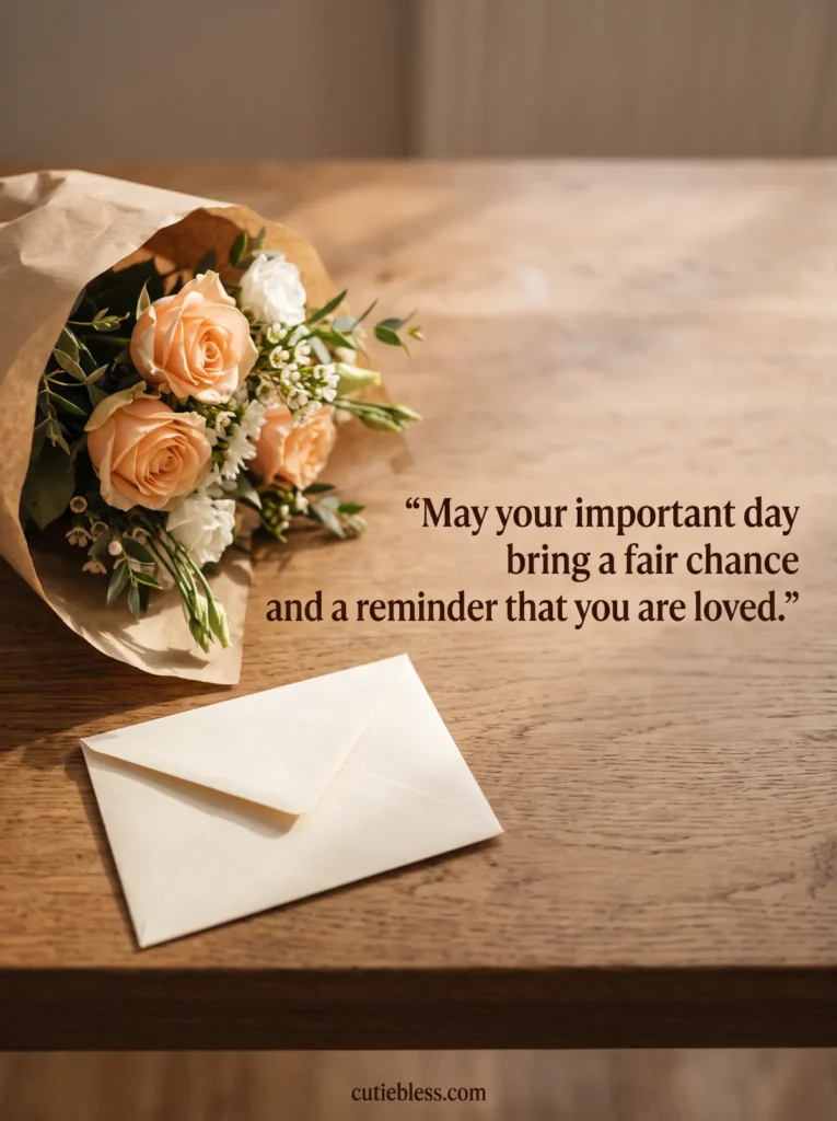 Peach roses and a sealed envelope beside a good luck blessing for someone you love.