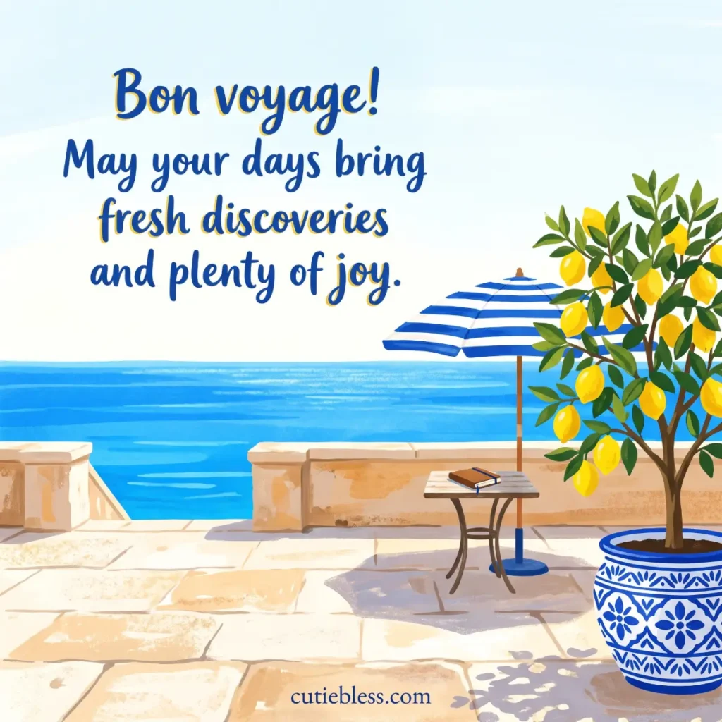 Lemon tree on a seaside terrace with the wish “Bon voyage! May your days bring fresh discoveries and plenty of joy.”