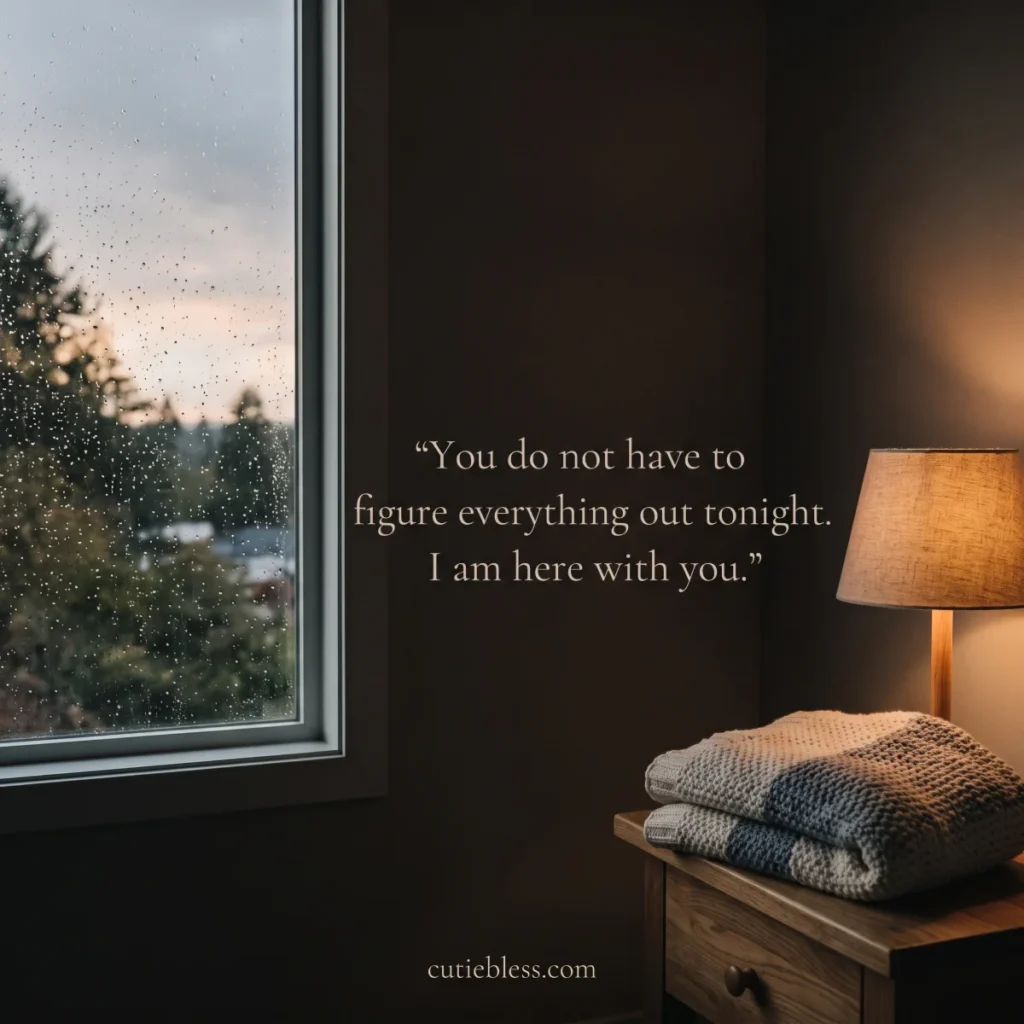 A warm lamp beside a rainy window with the message, “You do not have to figure everything out tonight. I am here with you.”