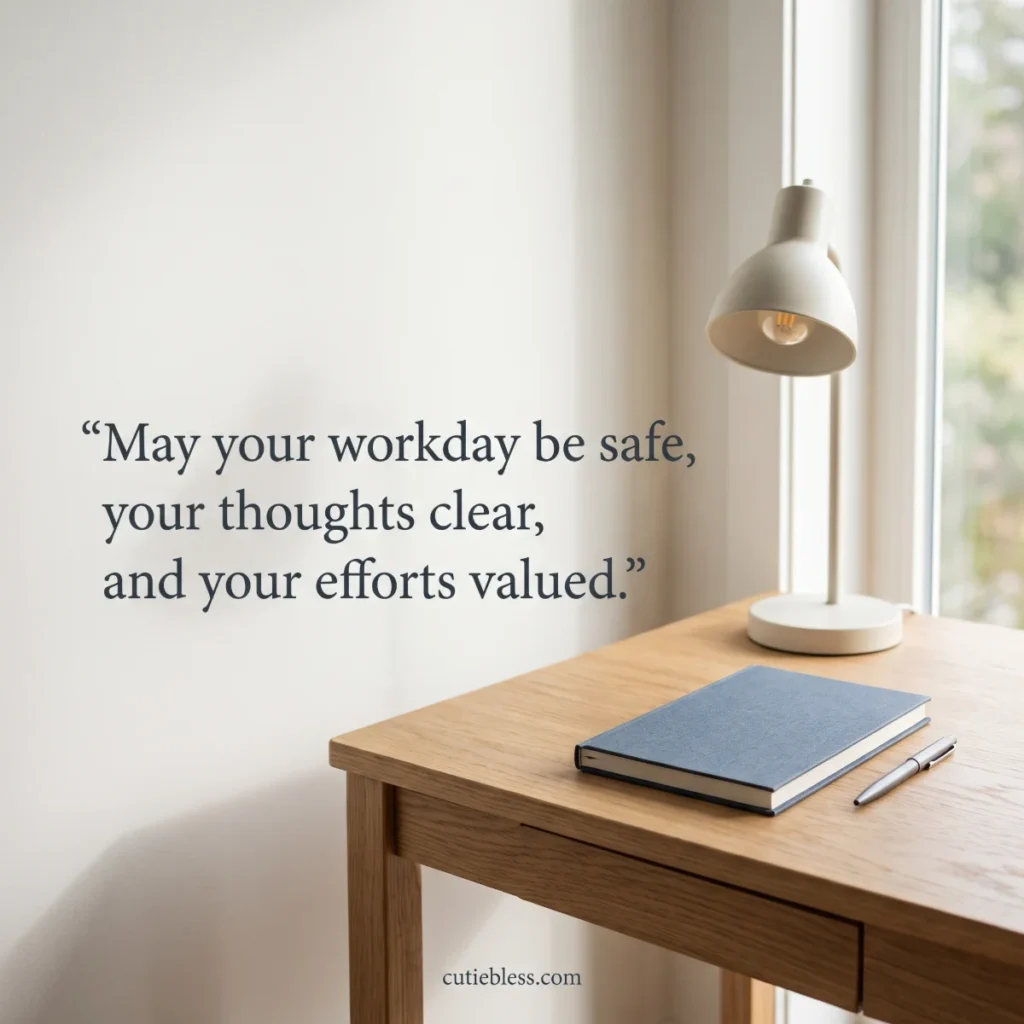 A tidy desk with a notebook and lamp beside a prayer for a safe workday, clear thoughts, and valued efforts.