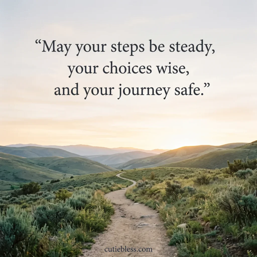 A winding path through green hills with a wish for steady steps, wise choices, and a safe journey.