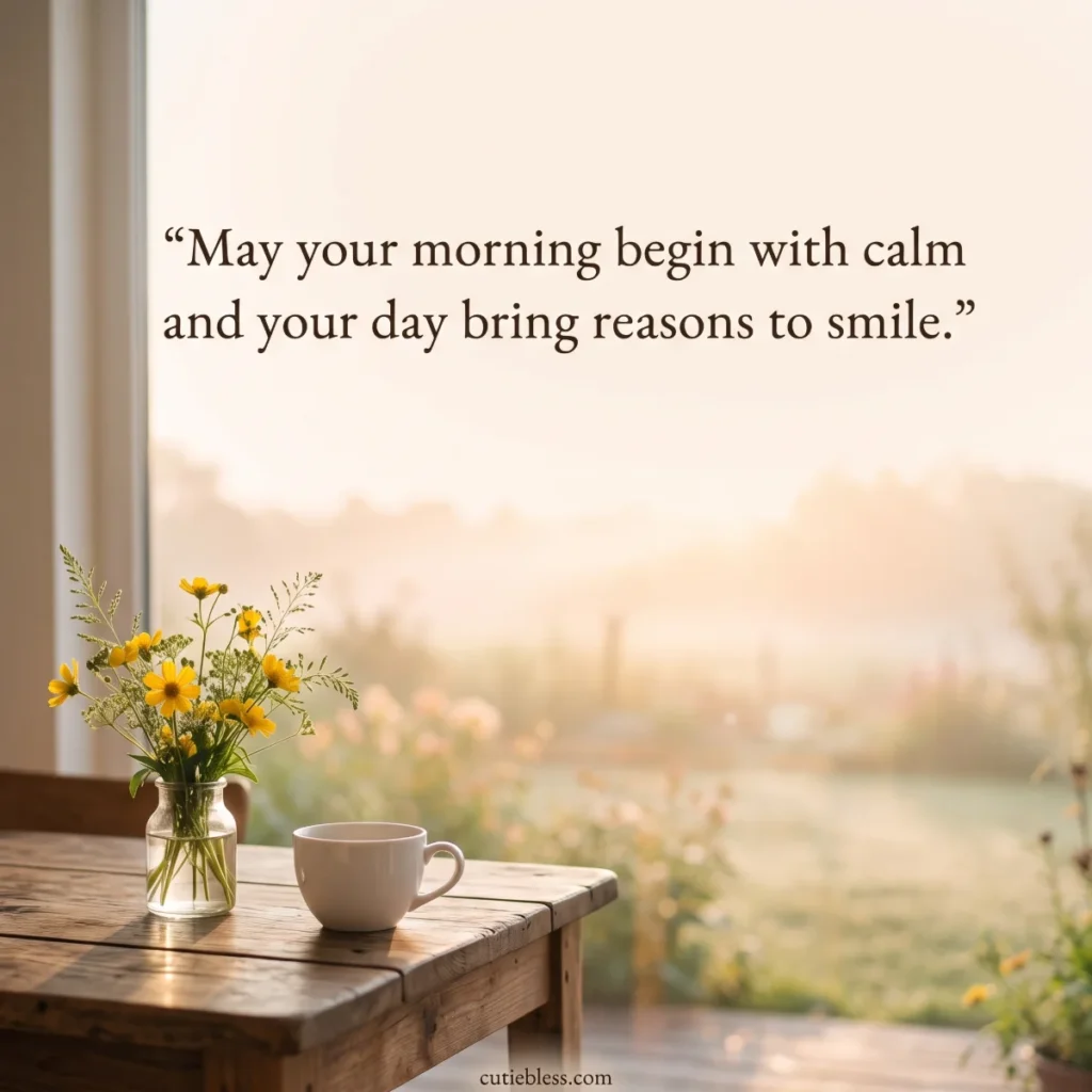 Morning sunlight falls on a coffee cup and yellow flowers beside a wish for a calm, happy day.