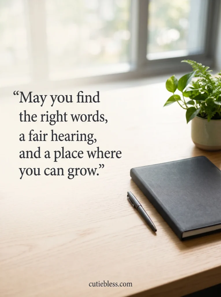 Portfolio, pen, and plant beside a blessing for clear communication and growth at work.