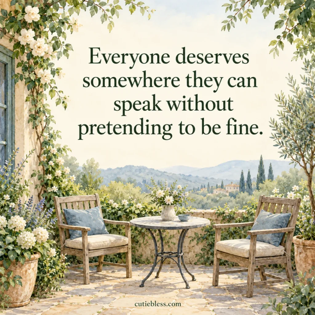 Two garden chairs beneath the quote, “Everyone deserves somewhere they can speak without pretending to be fine.”