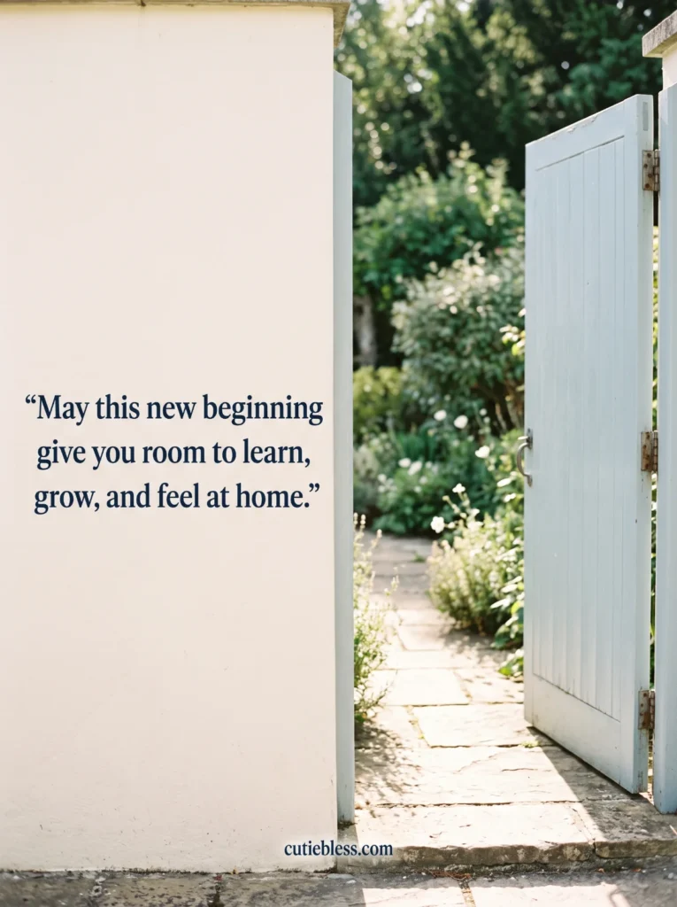 Open blue garden gate with a blessing for learning, growth, and a welcoming fresh start.