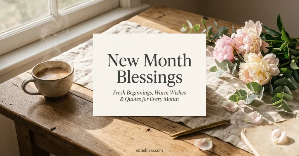 Morning coffee cup and pastel peonies on a wooden table with a card reading New Month Blessings