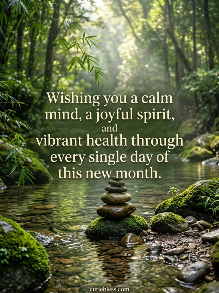 Stacked river stones beside a calm forest stream with a new month blessing for peace, joy, and health