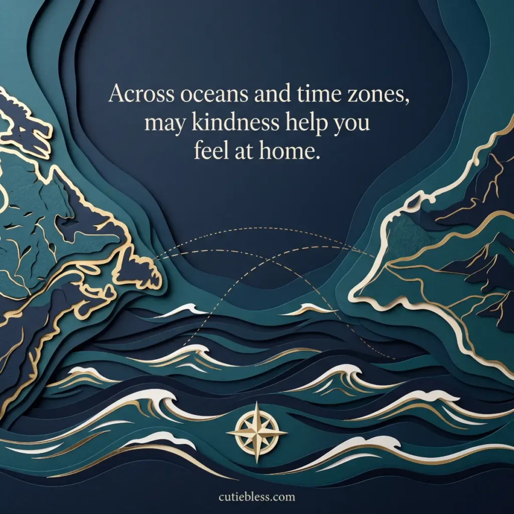 Layered paper ocean and coastlines with the blessing “Across oceans and time zones, may kindness help you feel at home.”