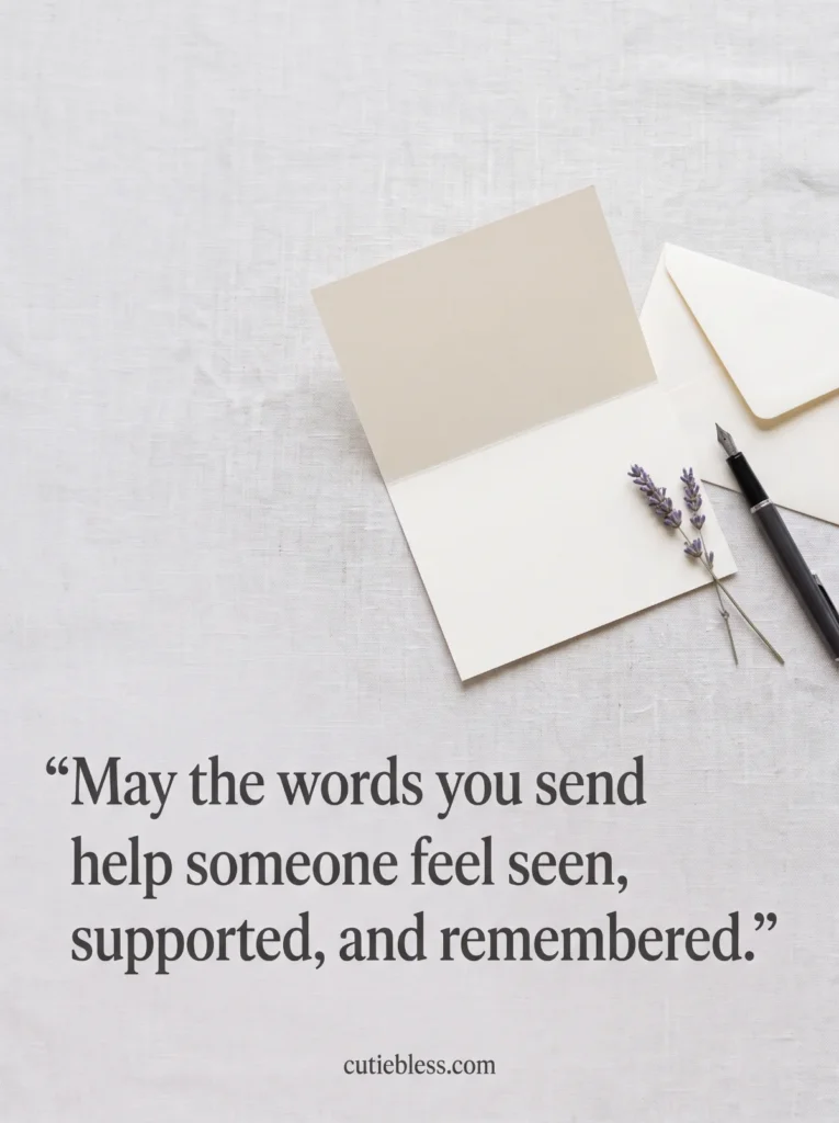 Cream notecard, fountain pen, and lavender with a blessing about helping someone feel supported.