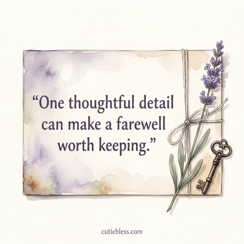 Travel postcard with lavender and a vintage key, reading “One thoughtful detail can make a farewell worth keeping.”