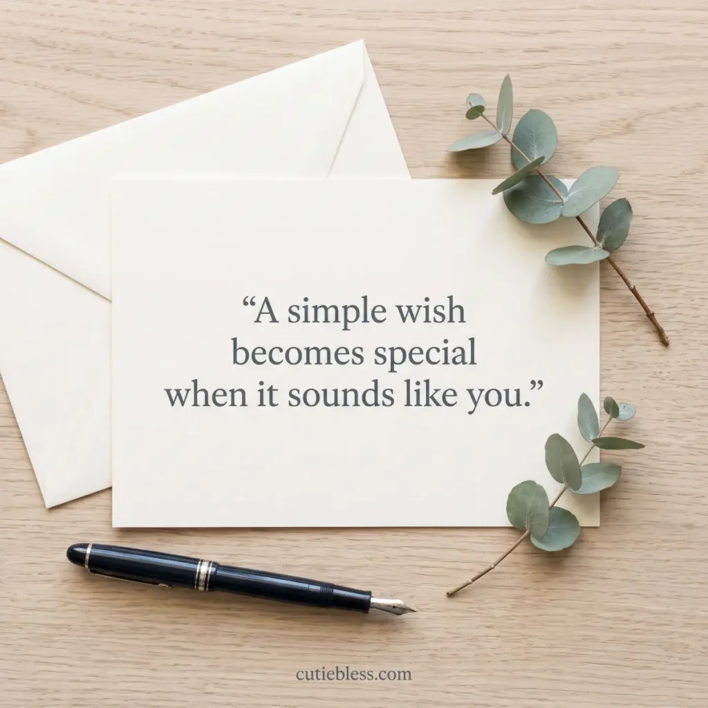 Writing card with a fountain pen and eucalyptus, reading “A simple wish becomes special when it sounds like you.”