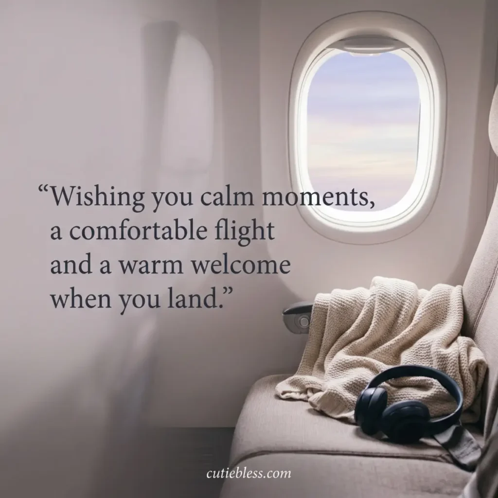Airplane window, headphones and a blanket with a wish for calm moments, a comfortable flight and a warm welcome.