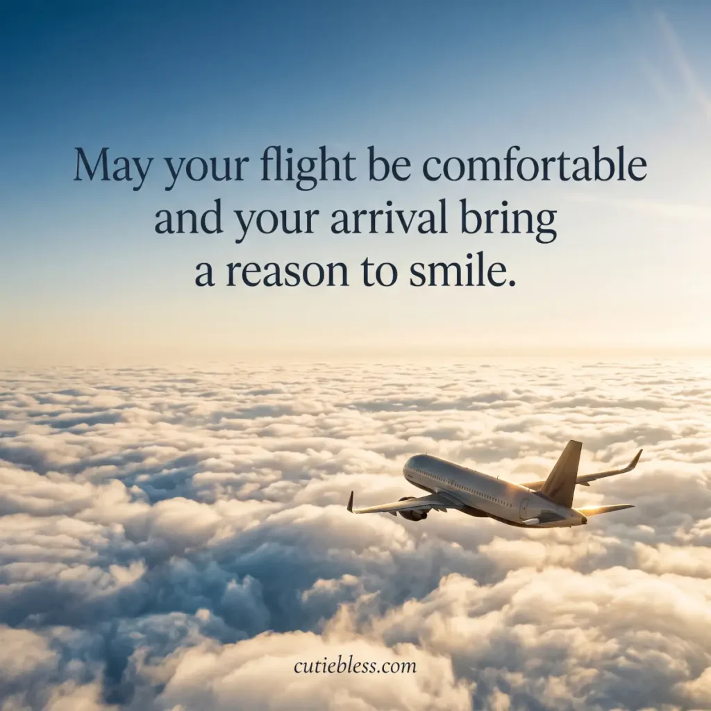 Airplane above sunlit clouds with the blessing “May your flight be comfortable and your arrival bring a reason to smile.”