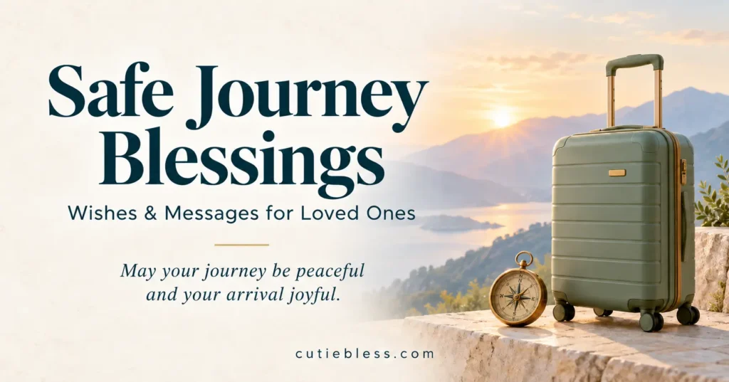 Safe journey blessings, wishes and messages for loved ones, with a suitcase and compass overlooking mountains at sunrise.