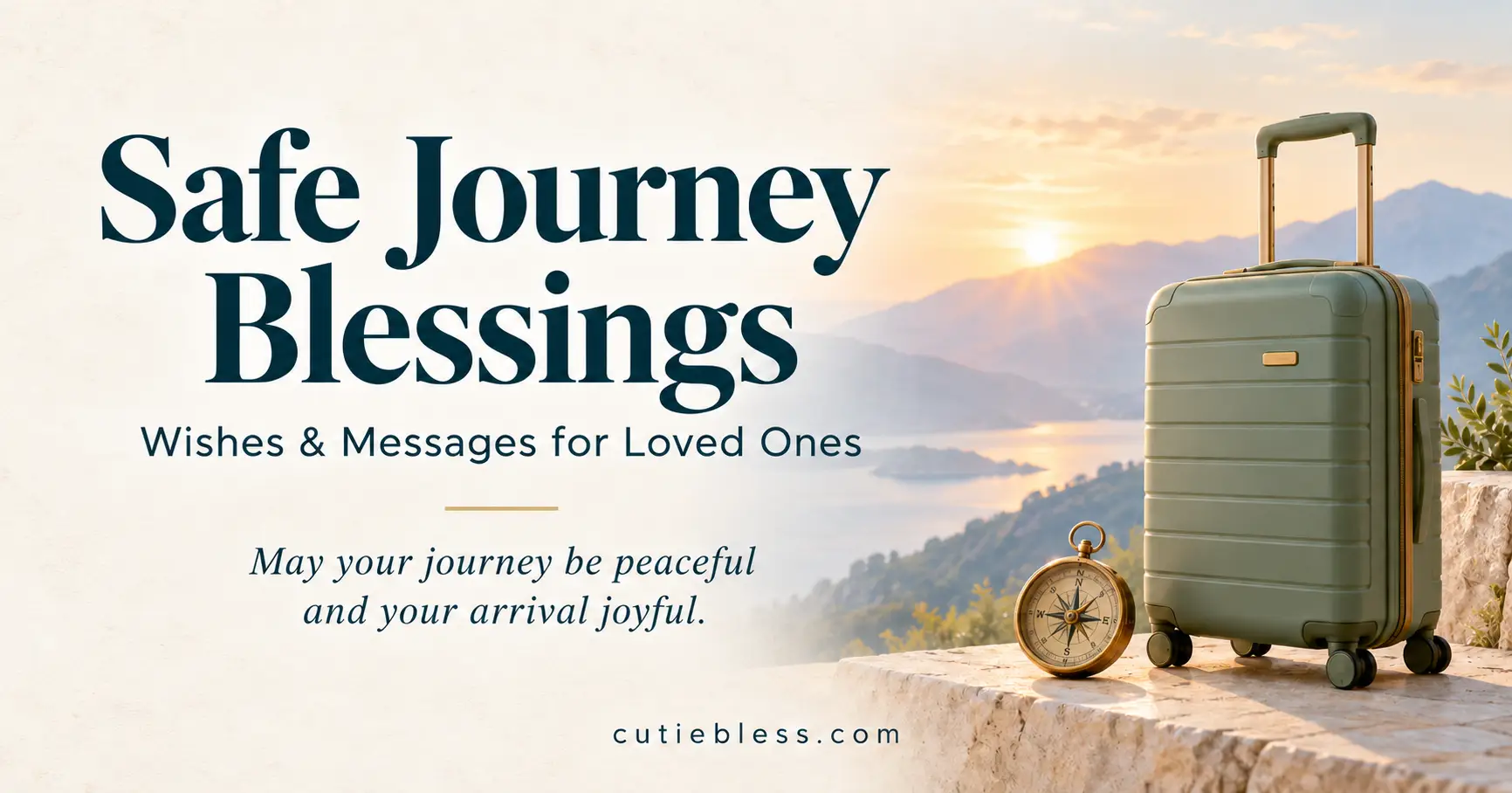 Safe journey blessings, wishes and messages for loved ones, with a suitcase and compass overlooking mountains at sunrise.
