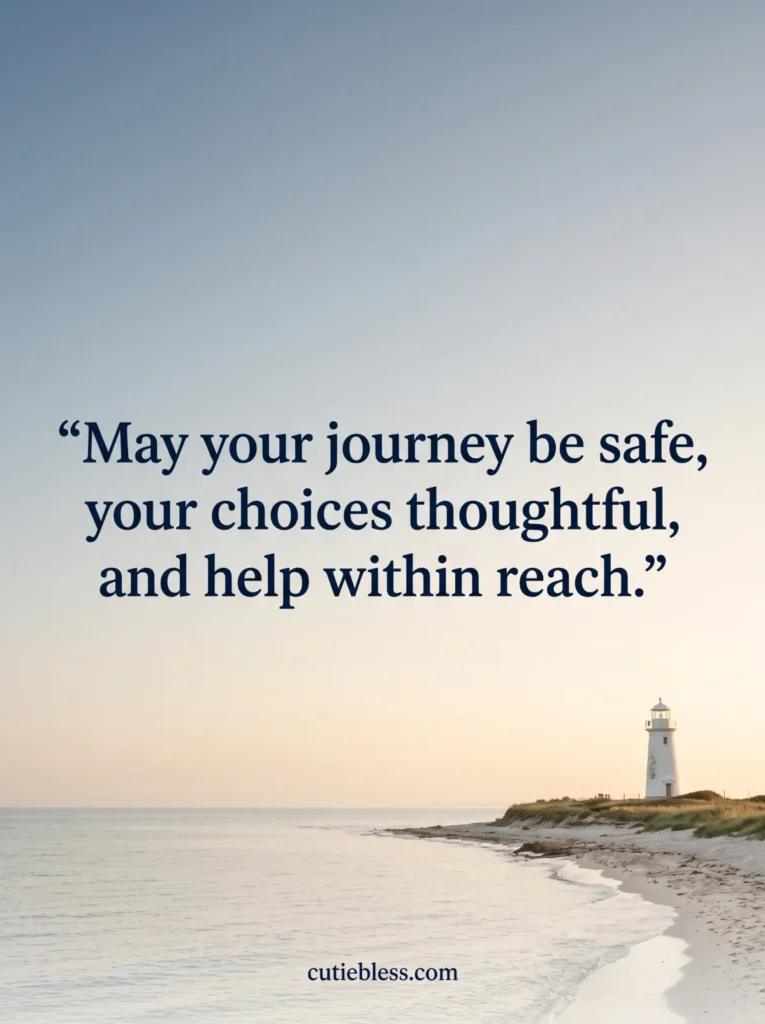 Lighthouse overlooking a calm sea with a wish for safe travel and thoughtful choices.