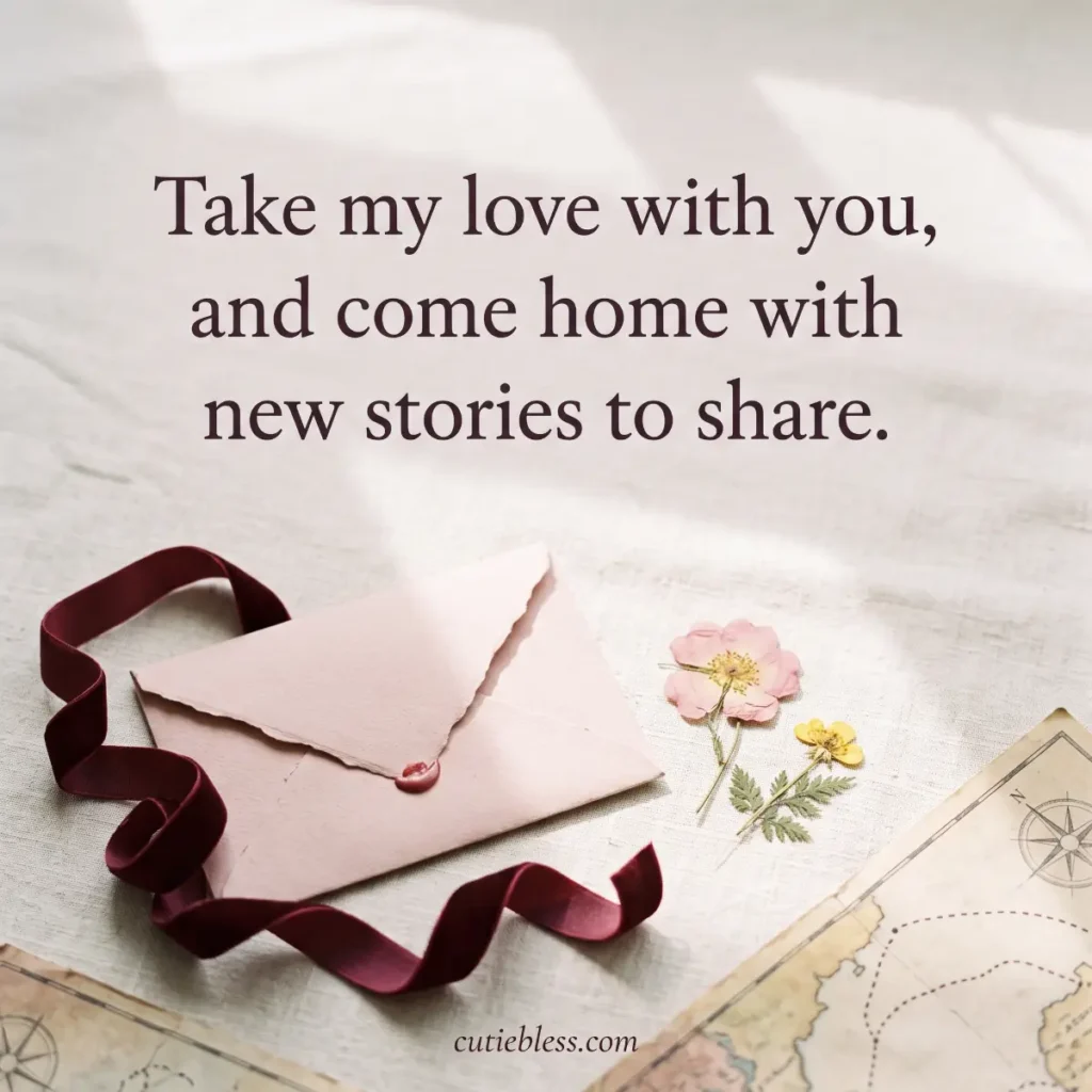 Blush envelope with ribbon and pressed flowers, reading “Take my love with you, and come home with new stories to share.”