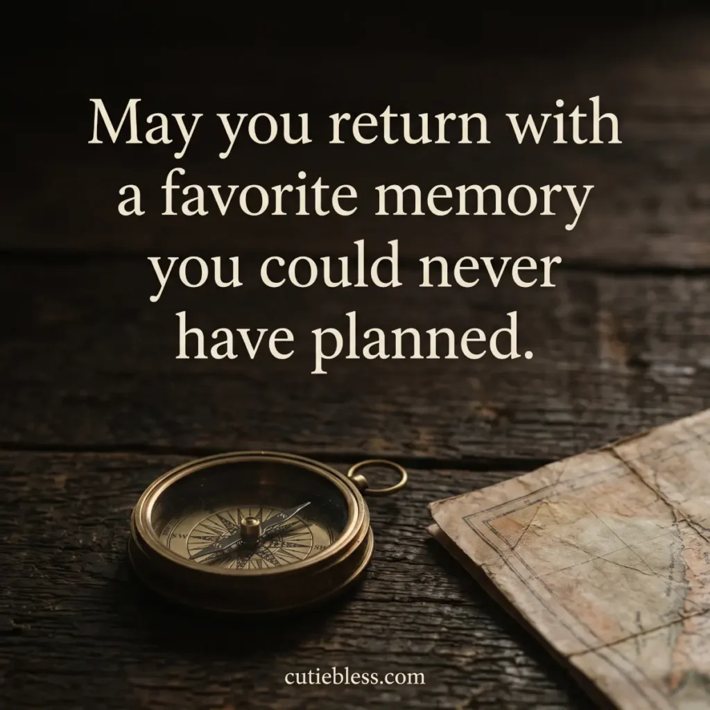 Brass compass and folded map with the quote “May you return with a favorite memory you could never have planned.”