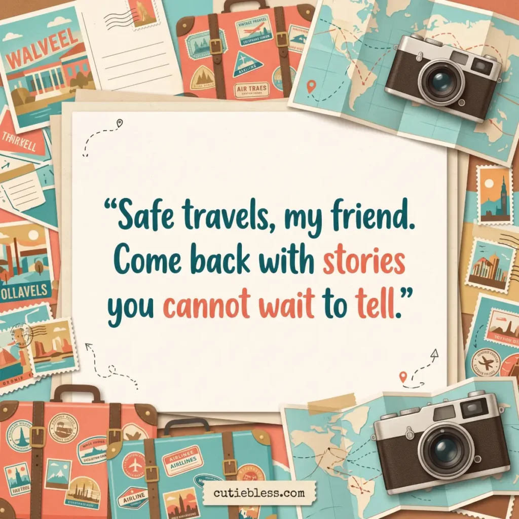 Colorful travel scrapbook with postcards and a camera, reading “Safe travels, my friend. Come back with stories you cannot wait to tell.”