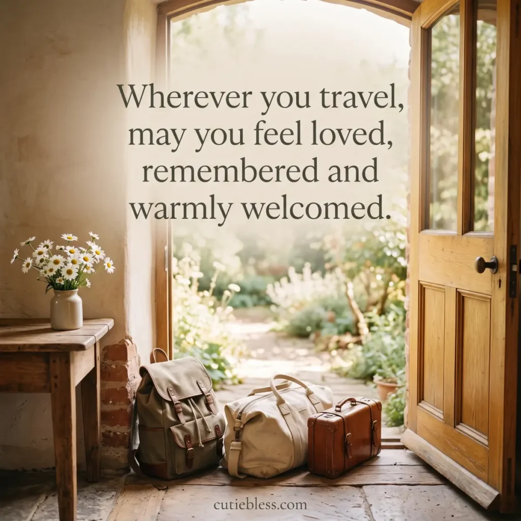 Travel bags beside an open garden doorway with the blessing “Wherever you travel, may you feel loved, remembered and warmly welcomed.”
