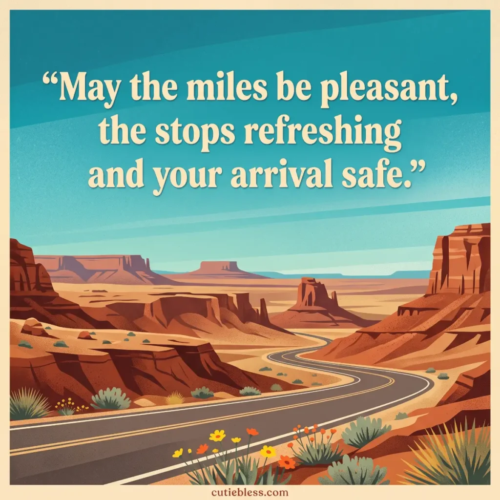 Highway winding through desert cliffs with the wish “May the miles be pleasant, the stops refreshing and your arrival safe.”